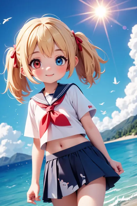 1girl,bangs,beach,bird,black legwear,(heterochromia:1.4),(red eyes:1.4),(blue eyes:1.4),(very long blonde hair:1.4),cat ears clo...