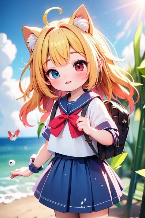 1girl,bangs,beach,bird,black legwear,(heterochromia:1.4),(red eyes:1.4),(blue eyes:1.4),very long blonde hair,cat ears clouds,blue sailor collar,blue skirt,blue sky,blush,red bow,closed mouth,cloud,cloudy sky,condensation trail,day,standing by the sea,