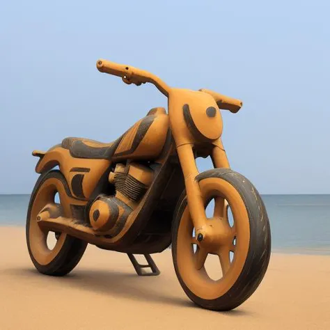 there is a wooden motorcycle on the beach near the water