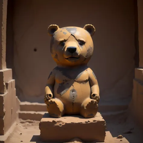 there is a small bear statue sitting on a step in a building