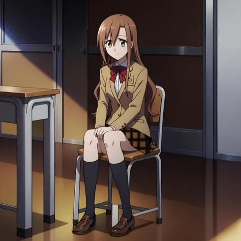 anime image of a woman sitting on a chair in a room