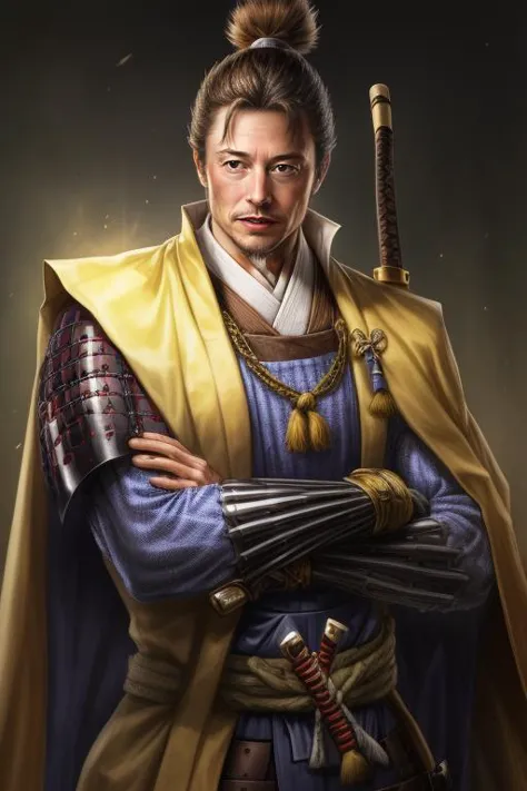 a man in a yellow robe and a sword stands with his arms crossed