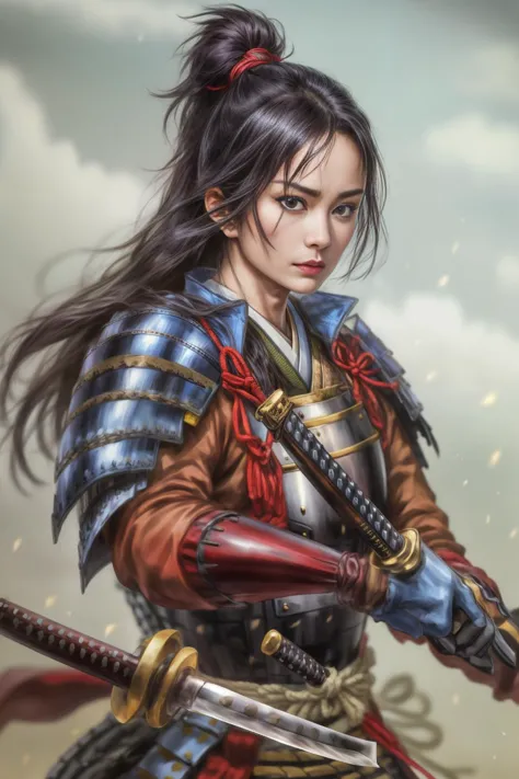 bust shot,upper body,<lora:add_detail:0.7> <lyco:nobu1:0.7>nobu ,1girl, armor, black_hair, brown_eyes,  gloves, holding_weapon, japanese_armor, long_hair, looking_at_viewer, outstretched_hand, solo, standing, sword, weapon,(no background:1.2),       <lora:HanniNewJeansV2:0.4>  <lora:yangmiv36:0.4>