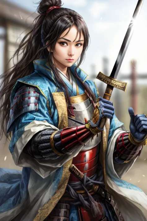 a woman in a blue and red outfit holding a sword