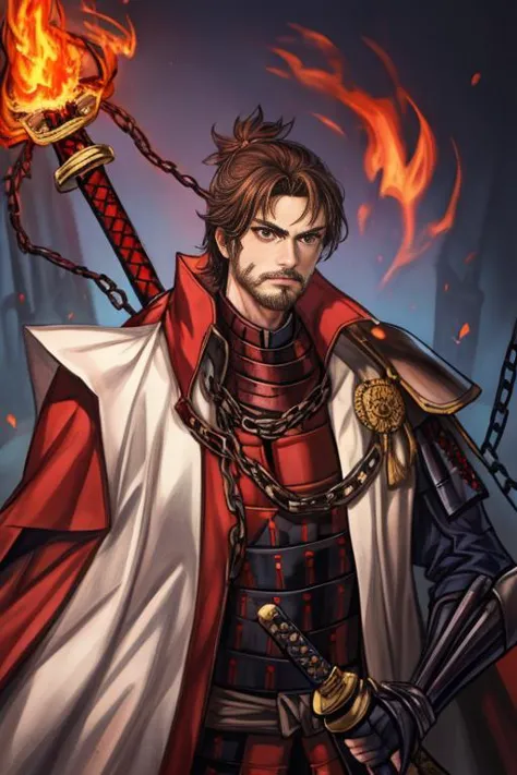 bust shot,upper body,  masterpiece,best quality,<lora:add_detail:1> <lyco:nobu1:0.7>nobu ,portrait, 1boy, armor, beard, brown_eyes, brown_hair, cape, chain, embers, facial_hair, fire, holding_sword, holding_weapon, male_focus, realistic, red_cape, shoulder_armor, solo, sword, weapon