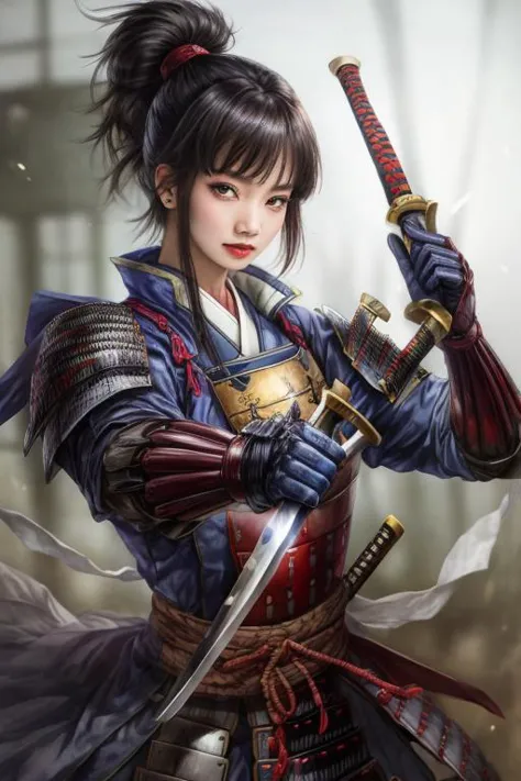 a woman in a blue and red outfit holding two swords