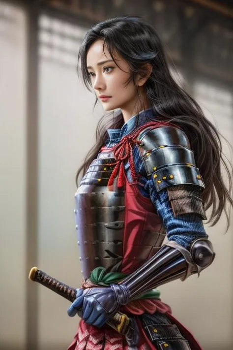 a woman in armor holding a sword and a sword