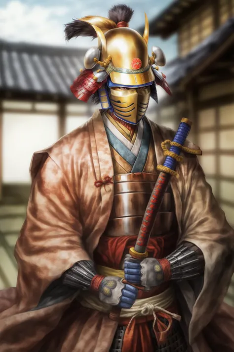 bust shot,upper body,<lora:add_detail:0.7> <lyco:nobu1:0.7>nobu ,1boy,armor, blurry, blurry_background, brown_eyes, depth_of_field, facial_hair, helmet, holding,  japanese_armor, kabuto, katana, kote, looking_at_viewer, realistic, samurai, sheath, sheathed, solo, sword, umbrella, weapon,(no background:1.2),