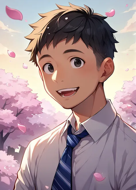 anime boy in a tie and shirt with cherry blossoms in the background