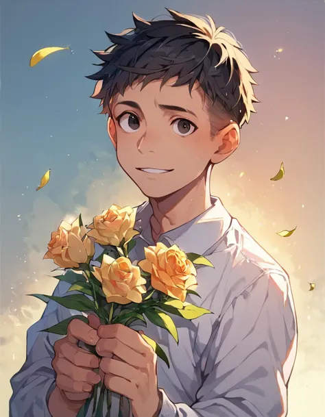 anime boy holding a bunch of yellow roses in his hands