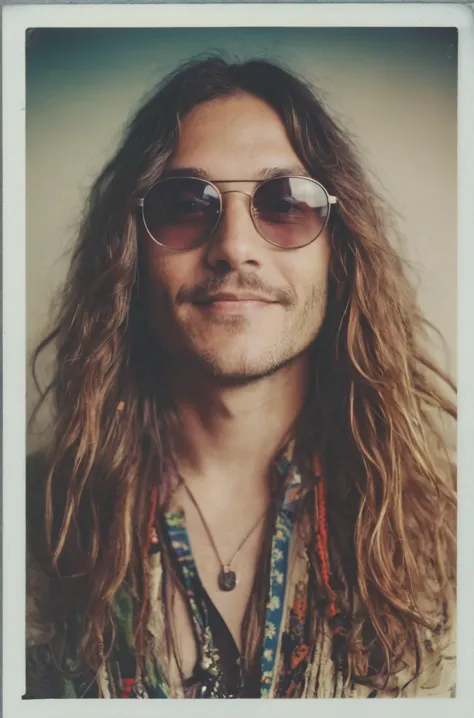 Polaroid photo, a hippie, happy and a bit eccentric, glasses and long hair, very detailed photograph, Fujifilm XT3, natural lighting, vignette, cover, analog photography, overexposed