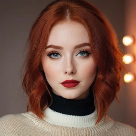 raw photo, (18yo redhead girl:1.2), makeup, graphic eyeliner, rouge, (choker:0.9), realistic skin texture, oversize knit sweater, (red:0.8), softcore, warm lighting, cosy atmosphere, instagram style, bit of cleavage showing, shoulders,