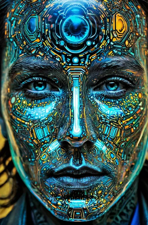 a close up of a person with a face painted with a futuristic design