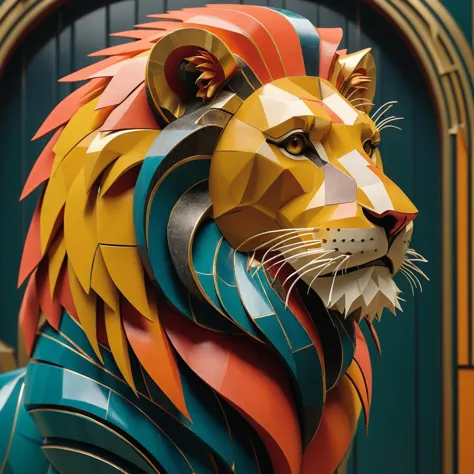 a close up of a lion statue made of paper and colored paper