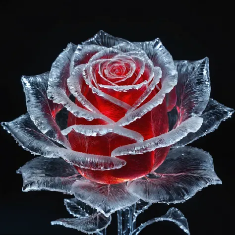 a rose made out of ice in the style of ice art, icy, ice carving, frozen art, translucent sculpture, ice texture, ice replica, glowing red neon color palette