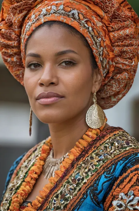 a woman in a turban and earrings poses for a picture