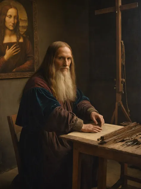 a close up of a man sitting at a table with a painting on the wall