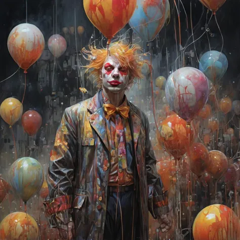 highly detailed linework reminiscent of Carne Griffiths, (Donald Trump clown:1.7), (balloons:1.4), imbued with Wadim Kashim's bold color and texture, light and airy as Carl Larsson's compositions, dark background, dark, evil, fire, featuring Pascal Blanche-style hyper realistic characters, pastel, elegance, dramatic lighting, expressive camera angle, matte, concept art, amusement park, masterpiece