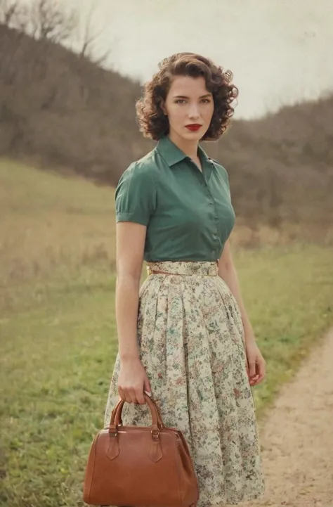 Vintage photography, a beautiful woman, uptight demeanor, in her late 20s, she has short curly brown hair, 50s era vibe, wearing a skirt and a blouse, holding a handbag, standing outside in a somewhat rural environment, she has a slight crush on the photographer, faded photo, color restored, hyperdetailed photo, instagram filter, rich emotive colors, analog film, vignette 