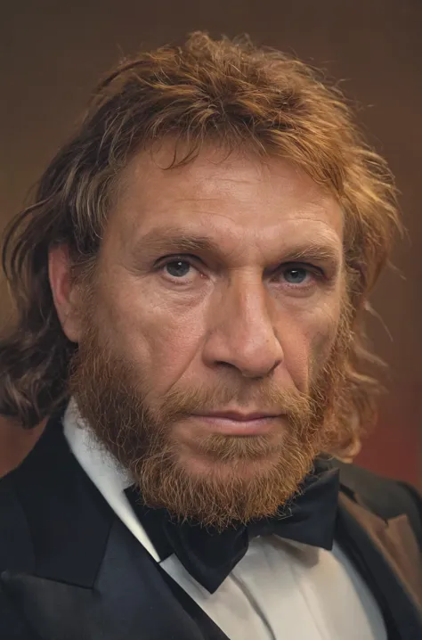 Hyperdetailed photograph, a Neanderthal male, in a tuxedo, digital photography, natural lighting, vivid vibrant colors, sharp detailing