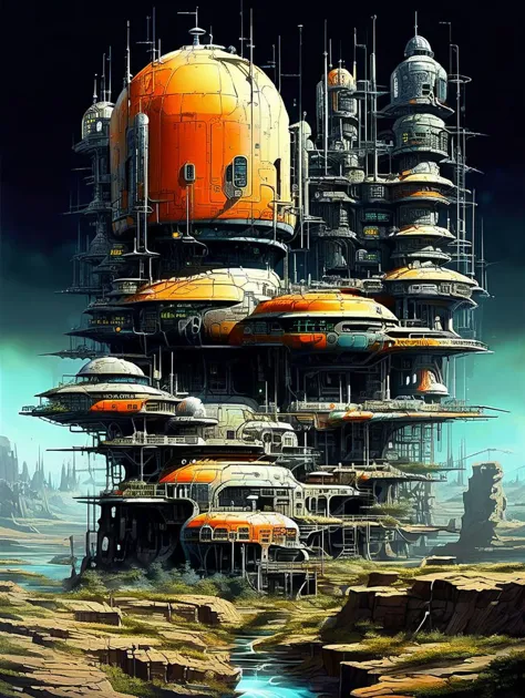 a painting of a futuristic city with a giant orange dome