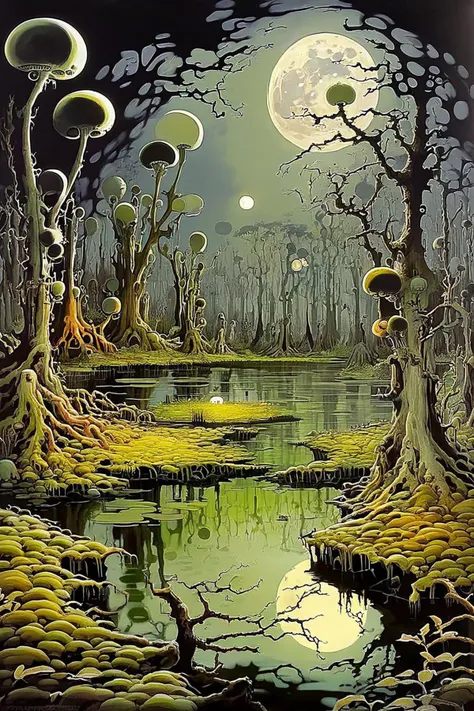 painting of a swamp with mushrooms and trees in the background