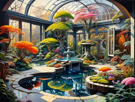 Realistic oil painting of a luxurious winter garden, inspired by the works of Shusei Nagaoka and Android Jones, filled with exotic plants, trees in bloom, colorful flowers,
A pool reflects the vibrant colors and a fountain adds to the peaceful atmosphere, the sunlight streams through the large windows, creating a warm glow on everything it touches,
<lora:Pandora Land XL:0.2> pandoralnd <lora:DagobahLnd:0.7> dagobahlnd, detailed background, intricate, high quality exquisite details and textures, highly detailed, warm lighting, sharp focus, HDR, 8k high resolution