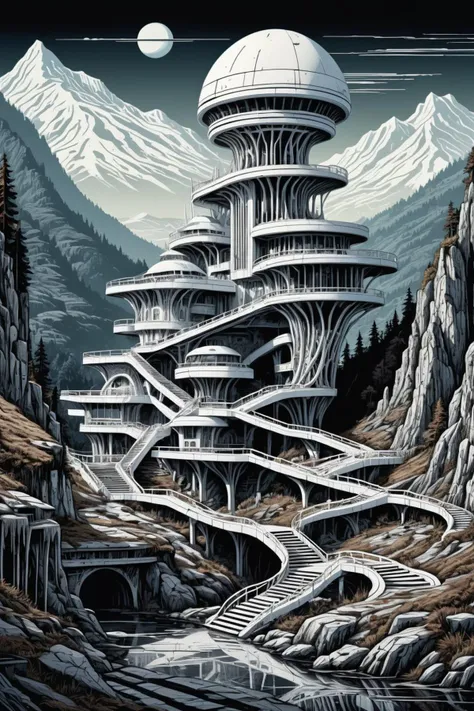 a poster of a futuristic building in the mountains