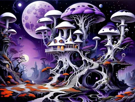 purple mushroom house with stairs leading to a stairway leading to a full moon