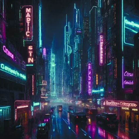 a magnificent dark neon futuristic cyberpunk city bustling street at night cyberart photography by liam wong rendered in octane,...