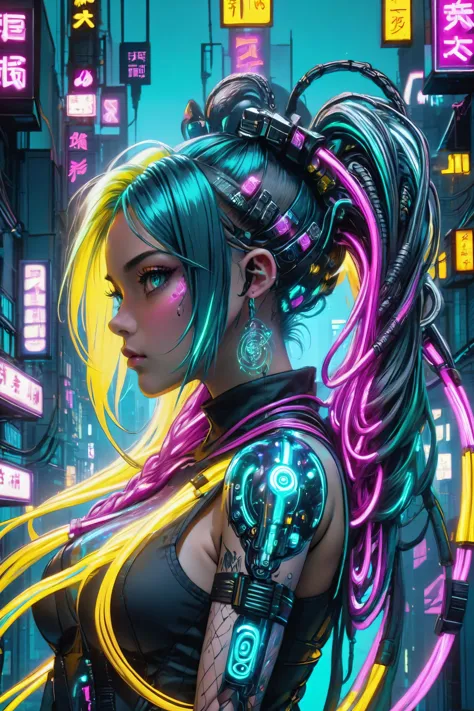 profile of a cyberpunk city girl, swirling ink forming holograms, in the style of aaron horkey, neon lights, teal, magenta, yell...