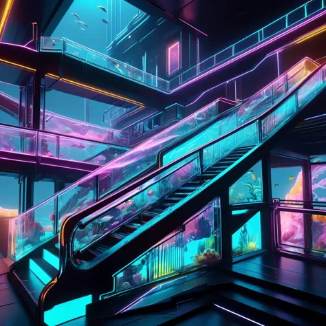 a close up of a escalator in a building with neon lights