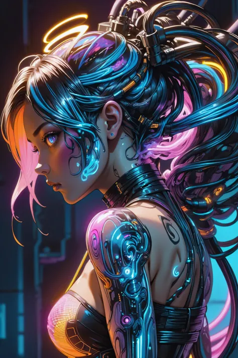 potrait of a cyberpunk city girl, Wirbelnde Tinte bildet Hologramme, im Stil von Aaron Horkey, Neonlichter, Neon Orange, neon blau, Neon Pink, (Kabel, Implantate, cyberware:1.3), cyberpukai (Meisterwerk:1.2), beste Qualität, (hyperdetailliert, höchste Detailliertheit:1.2), hochauflösende Texturen, 