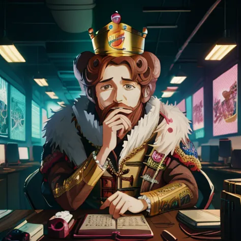 (Anime-Kunst:1.3), (80er-Jahre-Anime-Stil) Das Burgerking-Maskottchen in einem düsteren Cyberpunk-Büroraum, ordering attacks on rivals cyberpunkai, Neonbeleuchtung, (Ätzmittel:1.3), (sehr detailliert, gute Qualität:1.3)