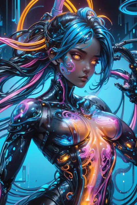 potrait of a cyberpunk city girl,( swirling ink forming holograms:1.2), in the style of aaron horkey, neon lights, Neon Orange, Neon Blue, Neon Pink, (cables, implants, cyberware:1.3), cyberpukai (masterpiece:1.2), best quality, (hyperdetailed, highest detailed:1.2), high resolution textures, 