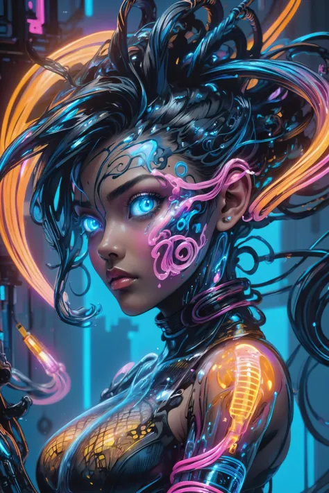 a woman with futuristic hair and neon lights in her hair