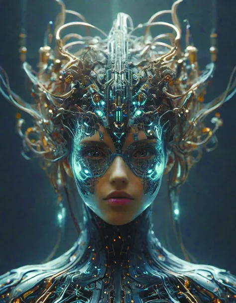 cyberpunk queen,symmetrical face,symmetrical body,flowing hair with computer circuits,portrait,muted colors,character concept,bo...