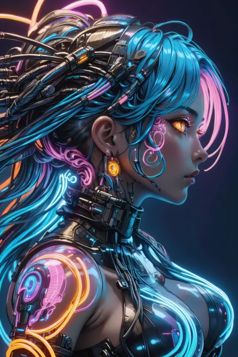 profil d&#39;une citadine cyberpunk, encre tourbillonnante formant des hologrammes, dans le style d&#39;Aaron Horkey, néons, orange fluo, bleu néon, rose néon, (câbles, implants, cyberware:1.3), cyberpunks (chef-d&#39;œuvre:1.2), Meilleure qualité, (hyperdétaillé, le plus détaillé:1.2), textures haute résolution, 