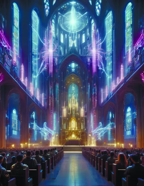 a crowd of cyborgs praying to a bio - mechanical eldritch god inside a cathedral,futuristic,gothic,cyberpunk,lovecraftian,neon c...