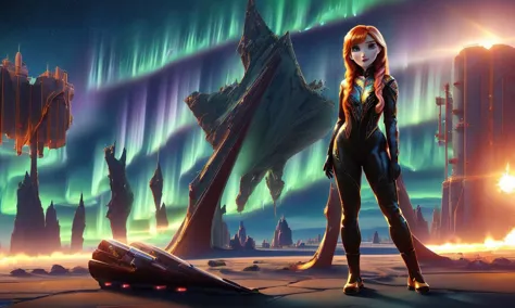 (full body:1.5), (establishing shot:1.5), Aurora , Anna large breasts, long red hair with thick black streak on left wearing sexy gold spacesuit in front of spaceship far in distance, realistic