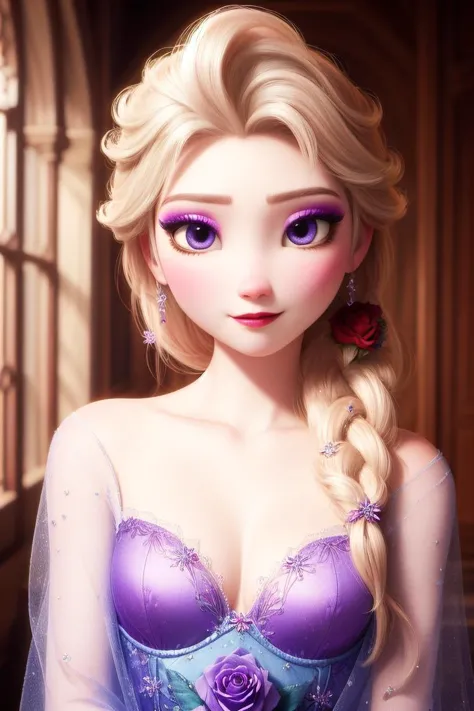 best quality,masterpiece, pretty face,<lora:more_details:0.3>,1girl,elsa,Small breasts, chubby face,makeup,detail face,blush,pur...