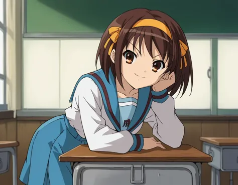 anime girl leaning on desk in classroom with hand on chin