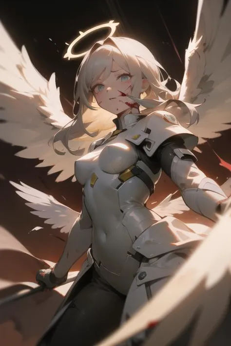 simple background, angel wings, angel halo, amazing lighting, covered in blood, half body shot,, masterpiece, best quality