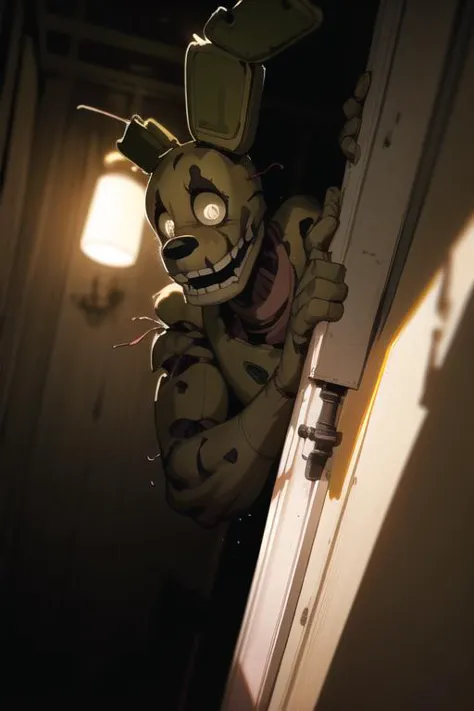 <lora:fnaf springtrap-05:1> springtrap, black background, dark background, only source of light is a hanging light bulb, investigator room, hidden in shadows, dark scary, face hidden by shadow, 8k, wide jaw, chiseled jaw, masterpiece, best quality