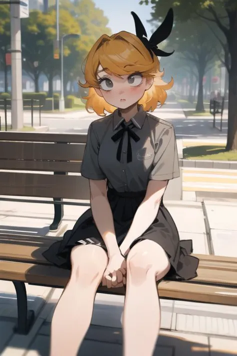 anime girl sitting on a bench in a park with a cat ears on her head