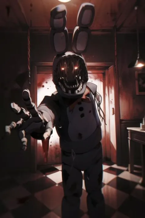 <lora:fnaf withbonnie-05:1> withbonnie, reaching out for viewer, covered in blood black background, dark background, only source of light is a hanging light bulb, investigator room, hidden in shadows, dark scary, 8k, checkered floor,, masterpiece, best quality