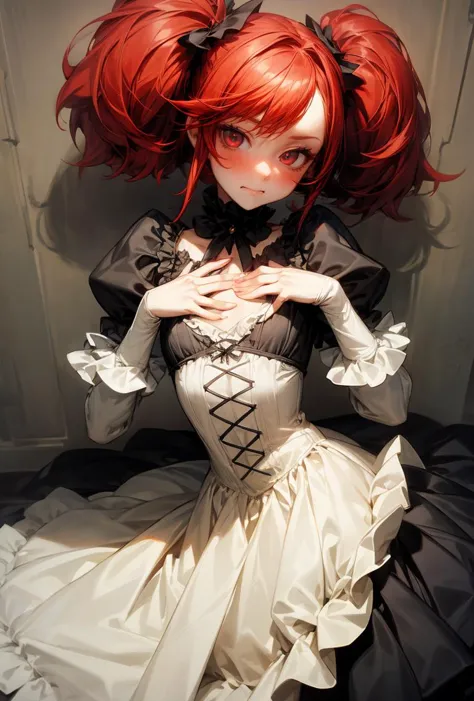 (masterpiece, best quality), 1girl, red hair, medium chest, gothic frill dress, pervert face, <lora:add_detail:1>