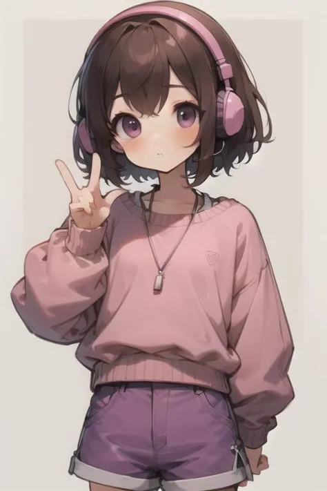 a girl with headphones and a pink shirt is pointing up