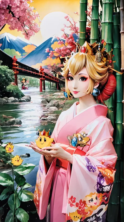 <lora:edgOiranPonyv1:0.8> beautiful edgOiran woman, perfect edgOiran face, perfect edgOiran body, edgOiran makeup, edgOiran hairstyle, bridge, river, sun, bamboo,  <lora:PrincessPeach_XLPD:0.8> princess peach, crown, smile,, score 9, score 8 up, score 7 up, score 6 up, score 5 up, score 4 up,