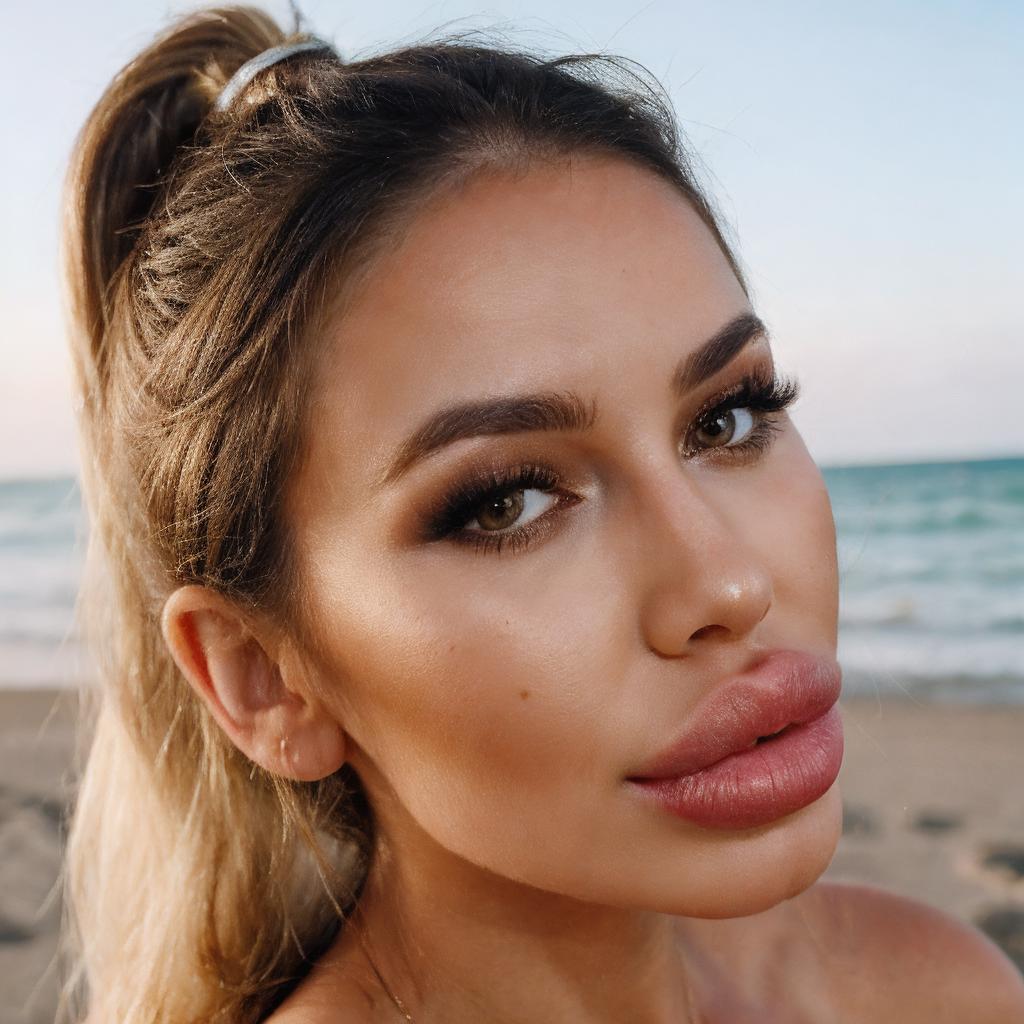 A woman with a ponytail and a pink lip on the beach - SeaArt AI